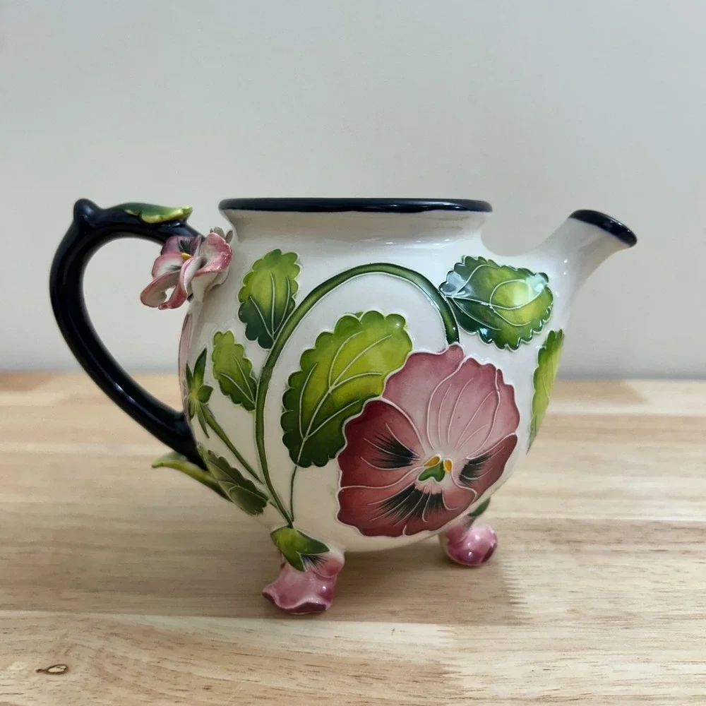 Blue Sky J‎ McCall 2005 Pansy Floral Ceramic Footed Teapot 3D